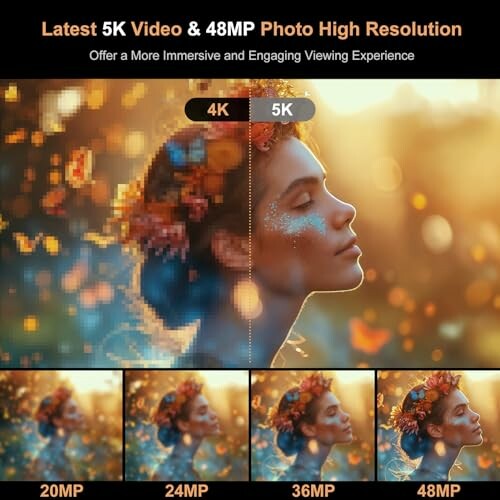 Comparison of 4K and 5K video resolution showcasing a woman with floral headpiece, highlighting latest 5K video and 48MP photo quality.