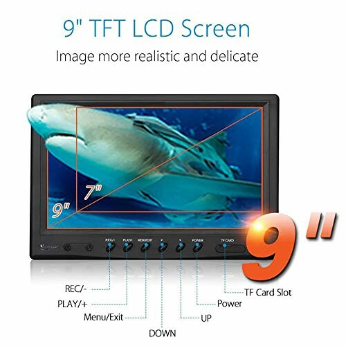 9-inch TFT LCD screen with shark image and control buttons.