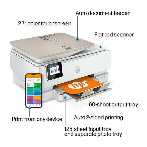 All-in-one printer with touchscreen, scanner, and mobile compatibility.