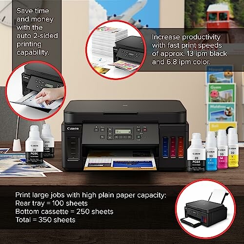 Canon printer with ink bottles, print speed and capacity details