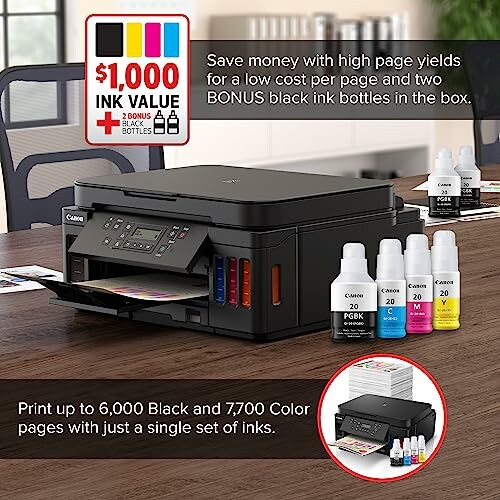 Canon printer with ink bottles and promotional text