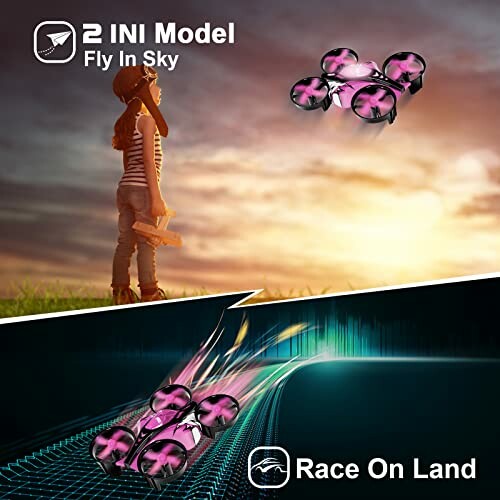 Child with toy plane and drone racing image, two-in-one model for flying and racing.