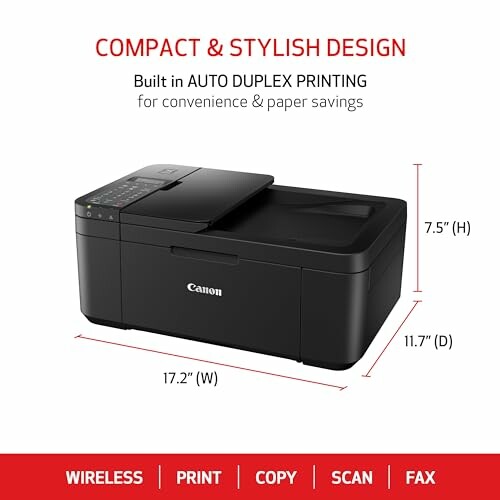 Compact black Canon printer with auto duplex printing and dimensions.