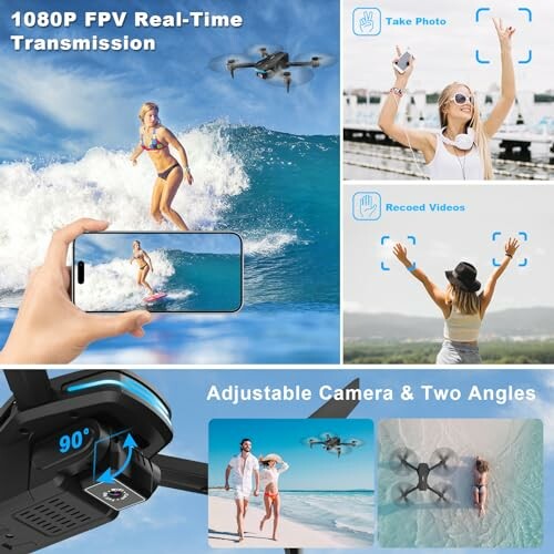 Drone capturing images and videos with adjustable camera and real-time transmission.