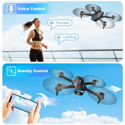 Woman jogging with drone featuring voice and gravity control capabilities.