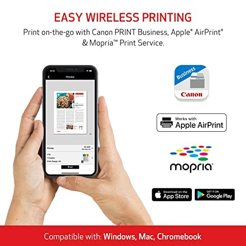 Wireless printing with Canon PRINT, Apple AirPrint, and Mopria.