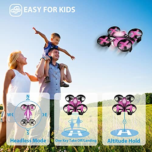 Family enjoying outdoor fun with a drone, featuring easy modes for kids.