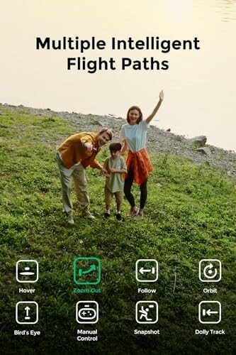 Family posing by a lake with multiple intelligent flight path options displayed.