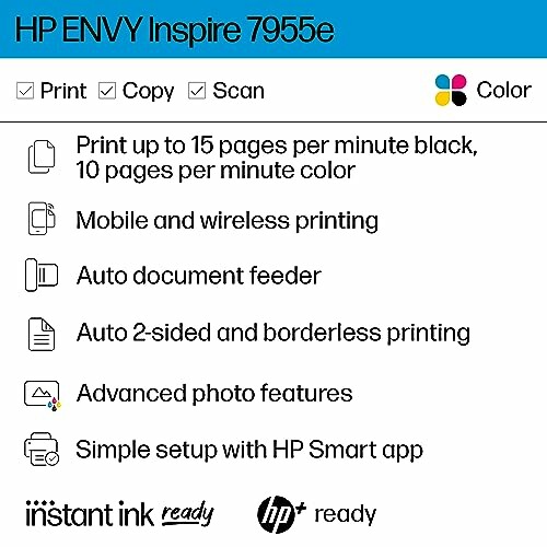 Features of HP ENVY Inspire 7955e printer including print, copy, scan, mobile printing, auto feeder, two-sided printing, and photo features.