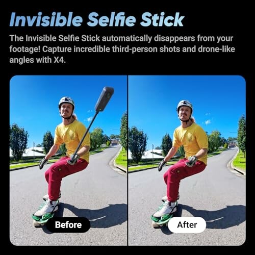 Comparison showing before and after using invisible selfie stick while riding a scooter.