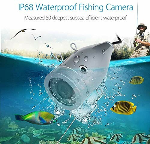 Underwater view of IP68 waterproof fishing camera with fish and diver.