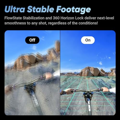 Comparison of bike footage with stabilization off and on, showing clearer image on the right.